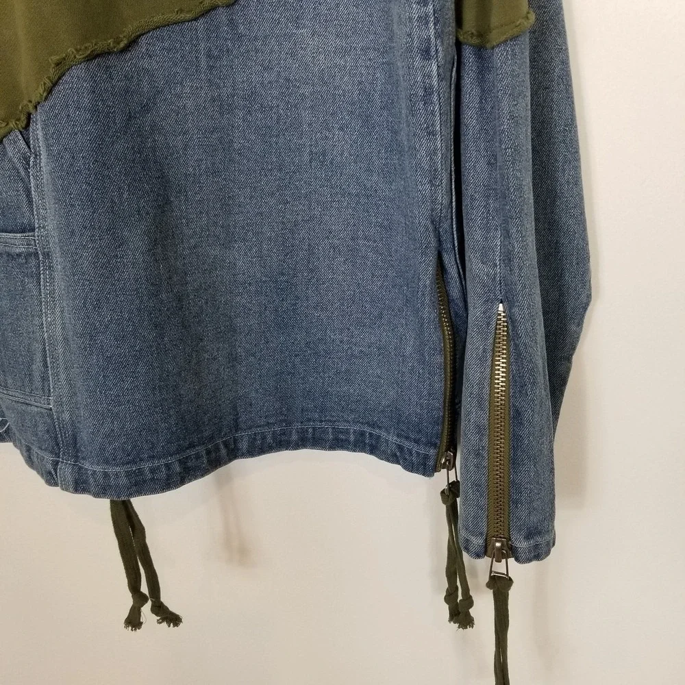 Lucky Sartorius Men Green Denim Patchwork Full Zip Hooded Jacket Sz XL‎ Pockets